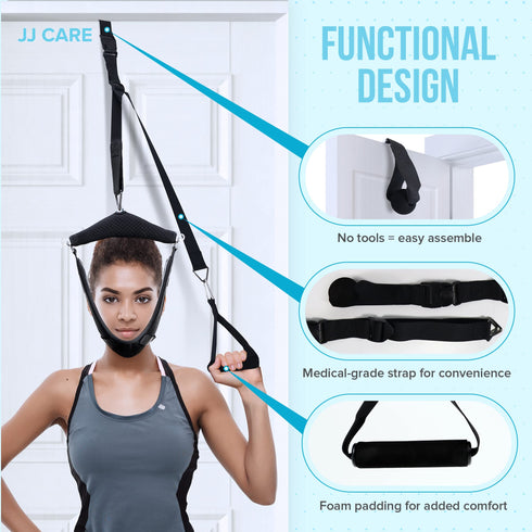JJ CARE Neck Stretcher - Cervical Traction Device for Chiropractor - Cervical Neck Traction Device Over The Door for Home Use - 6-Piece Set Neck Sling for Home Physical Therapy with Door Stop Sign